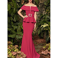 Mermaid / Trumpet Peplum Elegant Wedding Guest Formal Evening Dress Off Shoulder Short Sleeve Sweep / Brush Train Stretch Satin with Sash / Ribbon 2020