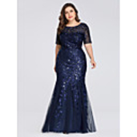 Mermaid / Trumpet Plus Size Blue Wedding Guest Formal Evening Dress Jewel Neck Short Sleeve Floor Length Tulle with Sequin Appliques 2020 / Illusion Sleeve