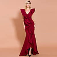 Mermaid / Trumpet Sexy bodycon Prom Formal Evening Dress V Neck Sleeveless Floor Length Spandex with Ruffles 2020