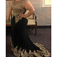 Mermaid / Trumpet Sexy Plus Size Engagement Formal Evening Dress Illusion Neck Sleeveless Court Train Stretch Satin with Appliques 2020