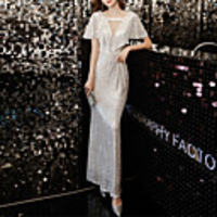 Mermaid / Trumpet Sexy Sparkle Engagement Formal Evening Dress V Neck Half Sleeve Floor Length Sequined with Sequin 2020