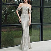 Mermaid / Trumpet Sexy Sparkle Party Wear Formal Evening Dress Illusion Neck Short Sleeve Floor Length Tulle Sequined with Crystals Sequin 2020