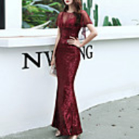 Mermaid / Trumpet Sexy Sparkle Party Wear Prom Dress V Neck Half Sleeve Floor Length Sequined with Sequin 2020