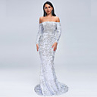 Mermaid / Trumpet Sexy Sparkle Prom Formal Evening Dress Off Shoulder Long Sleeve Sweep / Brush Train Spandex Sequined with Sequin 2020
