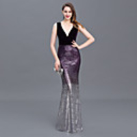 Mermaid / Trumpet Sexy Sparkle Prom Formal Evening Dress V Neck Sleeveless Floor Length Sequined with Ruched Sequin 2020