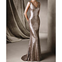 Mermaid / Trumpet Sexy Sparkle Wedding Guest Formal Evening Dress V Neck Sleeveless Sweep / Brush Train Sequined with Sequin 2020