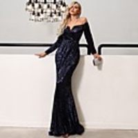 Mermaid / Trumpet Sexy Sparkle Wedding Guest Prom Dress Off Shoulder Long Sleeve Floor Length Sequined with Sequin 2020