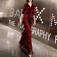 Mermaid / Trumpet Sparkle Elegant Party Wear Prom Dress V Neck Long Sleeve Floor Length Sequined Velvet with Sash / Ribbon Sequin Tassel 2021 miniinthebox