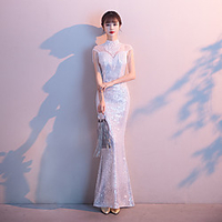 Mermaid / Trumpet Sparkle Elegant Prom Formal Evening Dress Illusion Neck Short Sleeve Floor Length Sequined with Sequin Tassel Appliques 2020