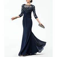Mermaid / Trumpet Sparkle Elegant Wedding Guest Formal Evening Dress Illusion Neck Half Sleeve Floor Length Chiffon with Crystals Appliques 2020