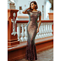 Mermaid / Trumpet Sparkle Red Wedding Guest Formal Evening Dress Illusion Neck Short Sleeve Floor Length Sequined with Sequin 2020