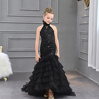 Mermaid / Trumpet Sweep / Brush Train / Asymmetrical Formal Evening / Pageant Flower Girl Dresses - Tulle Sleeveless Halter Neck with Beading / Tier / Solid