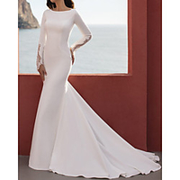 Mermaid / Trumpet Wedding Dresses Jewel Neck Court Train Lace Stretch Satin Long Sleeve Simple Beach with 2020