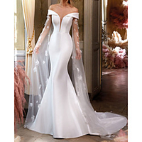 Mermaid / Trumpet Wedding Dresses Off Shoulder Court Train Lace Satin Tulle Sleeveless Country Formal Simple with Appliques 2020