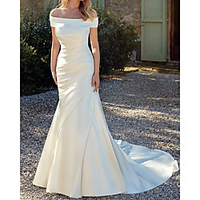 Mermaid / Trumpet Wedding Dresses Off Shoulder Court Train Satin Sleeveless Country Simple Backless with Ruched 2020