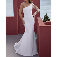 Mermaid / Trumpet Wedding Dresses One Shoulder Floor Length Lace Stretch Satin Long Sleeve Simple Beach with Appliques 2020