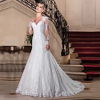 Mermaid / Trumpet Wedding Dresses V Neck Chapel Train Lace Tulle Lace Over Satin Long Sleeve Vintage See-Through Illusion Sleeve with Beading 2020 / Bell Sleeve