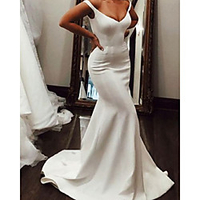 Mermaid / Trumpet Wedding Dresses V Neck Sweep / Brush Train Italy Satin Sleeveless Simple with 2020