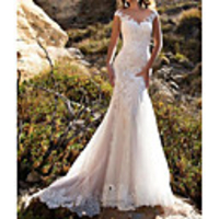 Mermaid / Trumpet Wedding Dresses V Neck Sweep / Brush Train Lace Cap Sleeve Mordern Illusion Detail with Buttons Lace Insert 2020