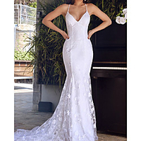 Mermaid / Trumpet Wedding Dresses V Neck Sweep / Brush Train Lace Sleeveless Country Romantic Beach with Appliques 2020