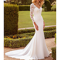 Mermaid / Trumpet Wedding Dresses V Neck Sweep / Brush Train Lace Stretch Satin Long Sleeve Country Simple with Appliques 2020