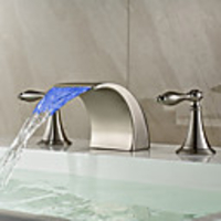 Modern Widespread Waterfall 3 Colors LED Ceramic Valve Two Handles Three Holes Nickel Brushed,  Bathroom Sink Faucet
