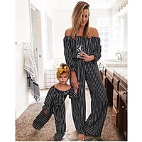 Mommy and Me Black Stripe Off-shoulder Long Jumpsuits miniinthebox