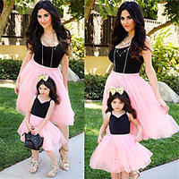 Mommy and Me Black Summer Mesh Color Block Sleeveless Midi Dresses miniinthebox