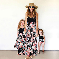Mommy and Me Black Summer Vacation Print Floral Maxi Dress miniinthebox