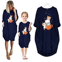 Mommy and Me Dresses Cartoon Cat Green Pink Dusty Blue Long Sleeve Knee-length Matching Outfits miniinthebox