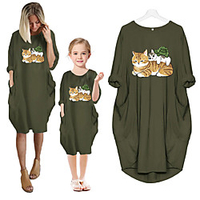 Mommy and Me Dresses Cotton Cat Animal Green Pink Dusty Blue Long Sleeve Knee-length Matching Outfits / Fall / Spring / Summer miniinthebox