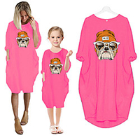Mommy and Me Dresses Cotton Dog Animal Green Pink Dusty Blue Long Sleeve Knee-length Matching Outfits / Fall / Spring / Summer miniinthebox