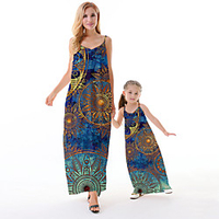 Mommy and Me Dresses Graphic Geometric Abstract Daily Print Light Yellow Blue Red Sleeveless Maxi Strap Dress 3D Print Casual Matching Outfits / Summer miniinthebox