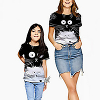 Mommy and Me Kids Family Matching Outfits Tee Cat Animal Short Sleeve Print Black Summer Active miniinthebox