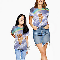 Mommy and Me Purple Summer Active Print Cat Rainbow Animal Short Sleeve Family Sets miniinthebox