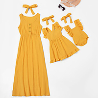 Mommy and Me Yellow/Pink/Navy Casual Sleeveless Ruffle Long Dresses with Headband miniinthebox