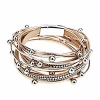 multi-layer leather bracelet beads wrap cuff bangle for women rose gold