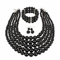 multi layer pearl strand necklace bracelet and earring imitate black pearl jewelry set