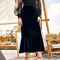 Muslim Women High Waist Bodycon Maxi Skirt Long Pencil Skirts Dress Elastic Waistband Ruffle Navy Blue S M L miniinthebox