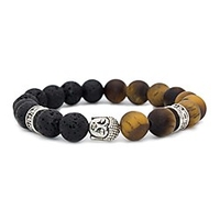 natural lava stone/tiger eye stone essential oil diffuser bracelet - silver buddha head buddhist prayer beads mala meditation protection healing jewelry