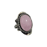 natural semi precious oval shaped gemstone silver rope edge adjustable ring (pink rose quartz)