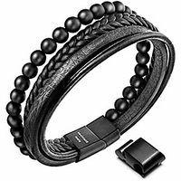 new mens bracelet bead and leather braided,  lava and onyx bead leather bracelet for men (black,  7.5)