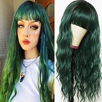 Non-lace Natural Wave Wigs with Bangs Honey Brown Wigs for Black Women Dark Roots Brown Wig Synthetic Long Wavy Loose Curly Wig Heat Resistant Fiber 26 Inches Brown Wigs for Women miniinthebox