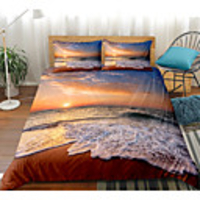Ocean Beach Bedding Sunrise Duvet Cover Set Sunrise on The Beach Nature Theme Pattern Clouds Boys Girls 3-Pieces Duvet Cover Twin/Queen/King Size(Include 1 Duvet Cover and 1or 2 Pillowcases)
