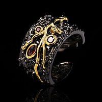 Open Cuff Ring AAA Cubic Zirconia Two Stone Black Brass Floral Theme Unique Design Vintage European 1pc 6 8 10 / Couple