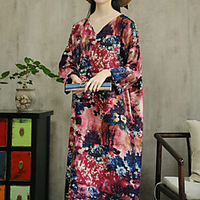 original design spring,  autumn and winter models chinese style cotton and linen printing loose retro large size dress long sleeve long robe miniinthebox