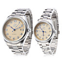Pair of Calendar Style Steel Analog Mechanical Couple Watches (Silver)