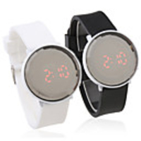 Pair of Jelly Sports Style Crystal Round Mirror Face Red LED Wrist Watch - Black White