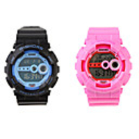 Pair of Waterproof Sporty Single Movement Digital Stop Watches with Night Light - Pink