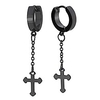 pair stainless steel black huggie hinged hoop earrings with dangling cross unisex men women